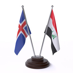 Iceland and Iraq, two table flags isolated on white background. 3d image