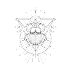 Obraz premium Vector illustration with hand drawn scarab and Sacred symbol on white background. Abstract mystic sign.