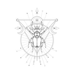 Vector illustration with hand drawn stag beetle and Sacred geometric symbol on white background. Abstract mystic sign.