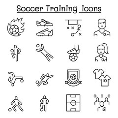 Soccer training, football club icon set in thin line style