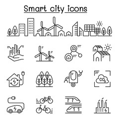 Smart city, Sustainable town, Eco friendly city icon set in thin line style