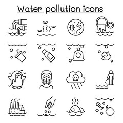 Water pollution icon set in thin line style