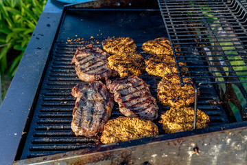 Meats and veggie burgers on a gas grill
