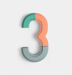 Fototapeta premium Number 3. Joyful Geometric Vivid Alphabet with Bright Coral And Pastel Color Patterns. Trendy Brand Identity Font. 3d Rendering isolated.