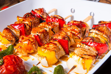 marinated kebab skewers with meat and vegetables