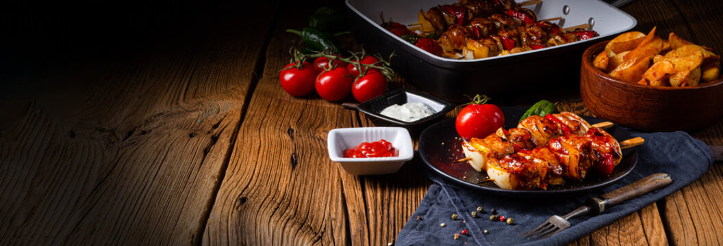 marinated kebab skewers with meat and vegetables