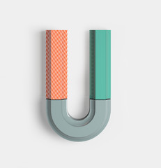 Letter U. Joyful Geometric Vivid Alphabet with Bright Coral And Pastel Color Patterns. Trendy Brand Identity Font. 3d Rendering isolated.