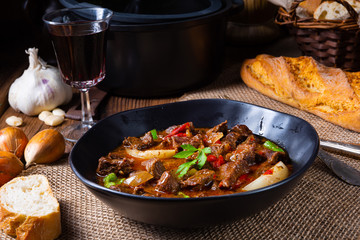 classic beef goulash with peppers and onions