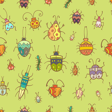 Seamless pattern with cute cartoon beetles on green  background. Various insects and bugs. Vector contour image. Doodle style.