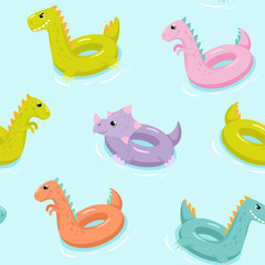 Inflatable dinosaur swimming pool floats pattern. Vector seamless texture.