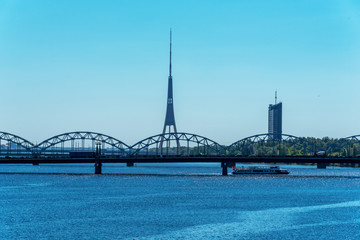 Cityscape of River and Riga Latvia on a Clear Sunny Day