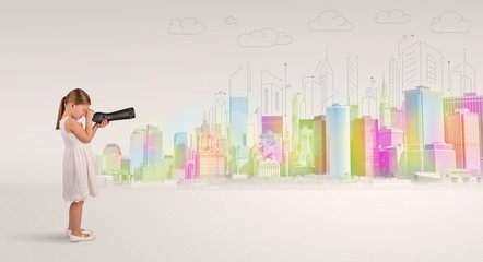 Obraz premium Cute little girl looking through spyglass to a big city 
