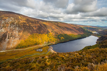 Flight over the lakes at Glendalough in the Wicklow mountains of Ireland