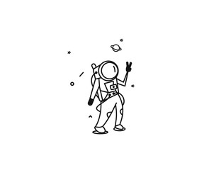 Astronaut making victory sign - Flat Line Art Vector Design.
