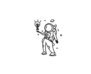 Astronaut Man looking at light idea bulb, Cartoon Flat Line Art Vctor Illutration.