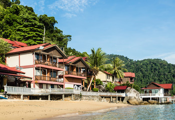 Obraz premium Coastal vintage wood resort, beautiful southeast asia style village near the sea