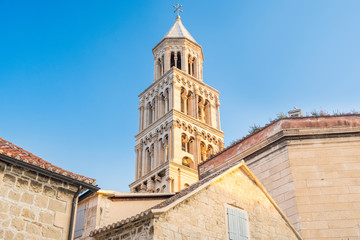 Obraz premium Morning in Split, Croatia, sunrise over old town houses and tower of cathedral in roman emperor Diocletian palace