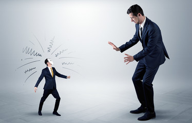 Conflict between small masked businessman and big elegant businessman
