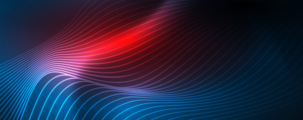 Smooth wave lines on blue neon color light background. Glowing abstract wave on dark, shiny motion, magic space light