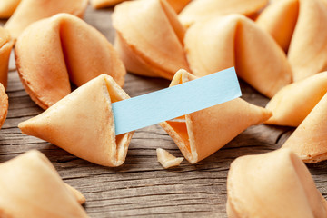 Chinese fortune cookies. Cookies with empty blank inside for prediction words. Background of old...