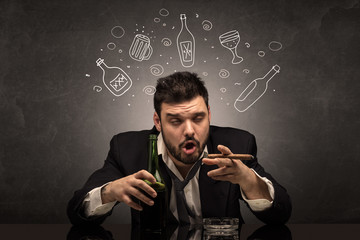 Drunk down and out man with doodle alcohol bottles concept
