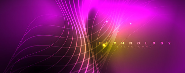 Fototapeta premium Bright neon circles and wave lines, glowing shiny background design template, digital techno concept.