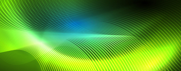 Trendy neon blue abstract design with waves and circles. Neon light glowing effect. Abstract digital background.