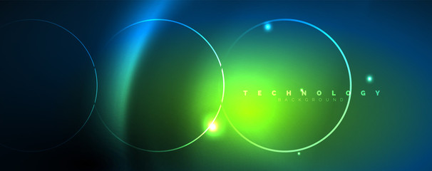 Trendy neon blue abstract design with waves and circles. Neon light glowing effect. Abstract digital background.