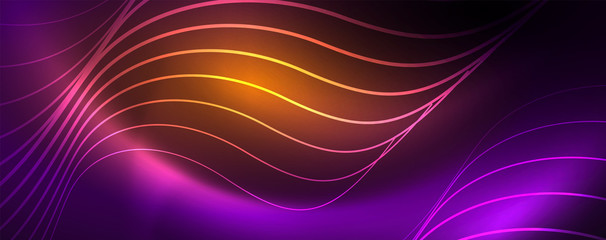 Shiny neon lights, dark abstract background with blurred magic neon light curved lines