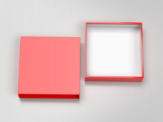 Slider box. Red blank open box mock up. On gray background. 3d rendering illustration