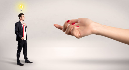 Foolish blind businessman in love going after big naked hand
