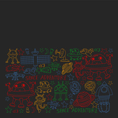 Vector set of space elements iicons in doodle style. Painted, colorful, pictures on a piece of paper on blackboard.