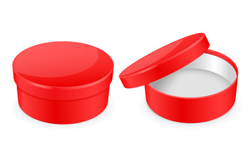 Red box. Round hat box. Open and closed empty carton