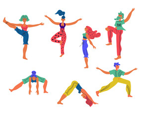 Set of cartoon people characters practice yoga in various poses vector illustration isolated on white background. Healthy active lifestyle and wellbeing concept for sport projects.