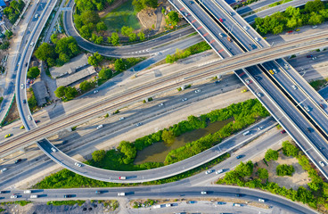 Aerial view Expressway motorway highway circus intersection at Day time Top view , Road traffic in city at thailand