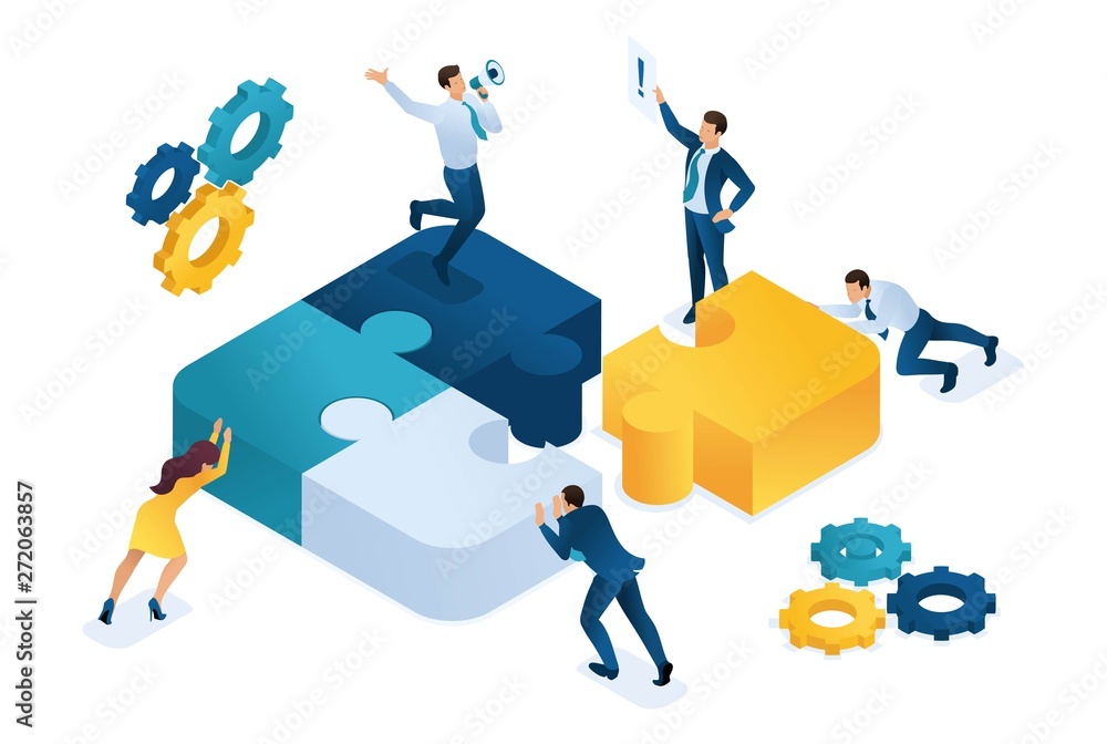 Poster isometric people connecting puzzle elements. symbol of teamwork. concept for web design