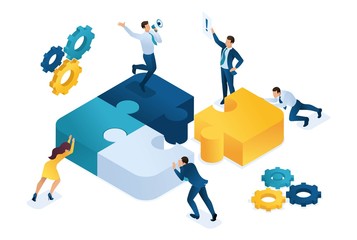 Isometric people connecting puzzle elements. Symbol of teamwork. Concept for web design