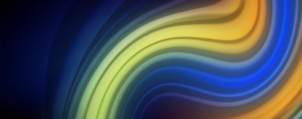 Fototapeta premium Abstract wave lines fluid rainbow style color stripes on black background. Artistic illustration for presentation, app wallpaper, banner or poster