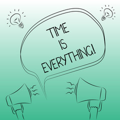 Handwriting text writing Time Is Everything. Concept meaning Consideration other events can influence desired outcome Freehand Outline Sketch of Blank Speech Bubble Megaphone Sound Idea Icon