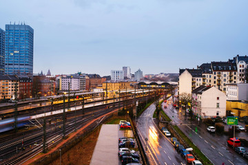 Main train station in Mainz, Germany at sunrise. Morning view of streets