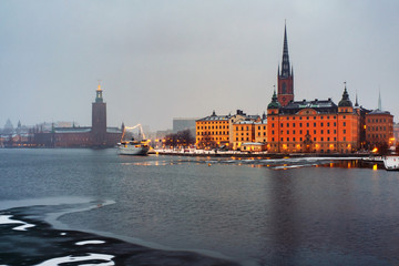 Obraz premium View of Gamla Stan in Stockholm, Sweden with landmarks like Riddarholm Church during the morning