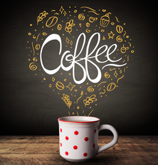 Steaming hot drink decorated with doodle illustrations and coffee inscription