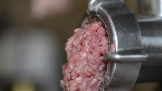 Meat is grinded in a meat grinder. Pare raw meat falls from the electric meat grinder 