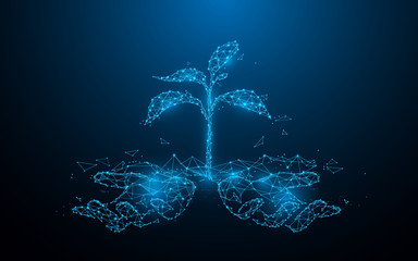 Young plant in hands from lines, triangles and particle style design. Illustration vector