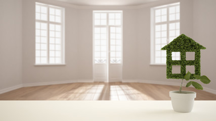 White table top or shelf with green plant in pot shaped like house, modern blurred empty room with window background, interior design, real estate, eco architecture concept idea