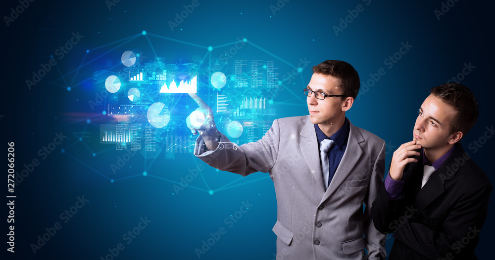 Poster Man accessing modern hologram personal database with fingerprint identification
