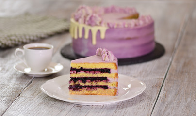 Tasty piece of cake with blueberries on wooden table.