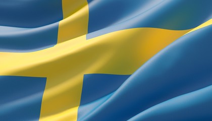 Waved highly detailed close-up flag of Sweden. 3D illustration.
