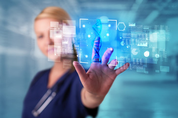 Doctor touching virtual screen with biology and genetic concept