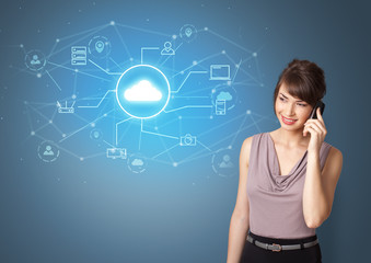 Young smiling person presenting office cloud technology concept
